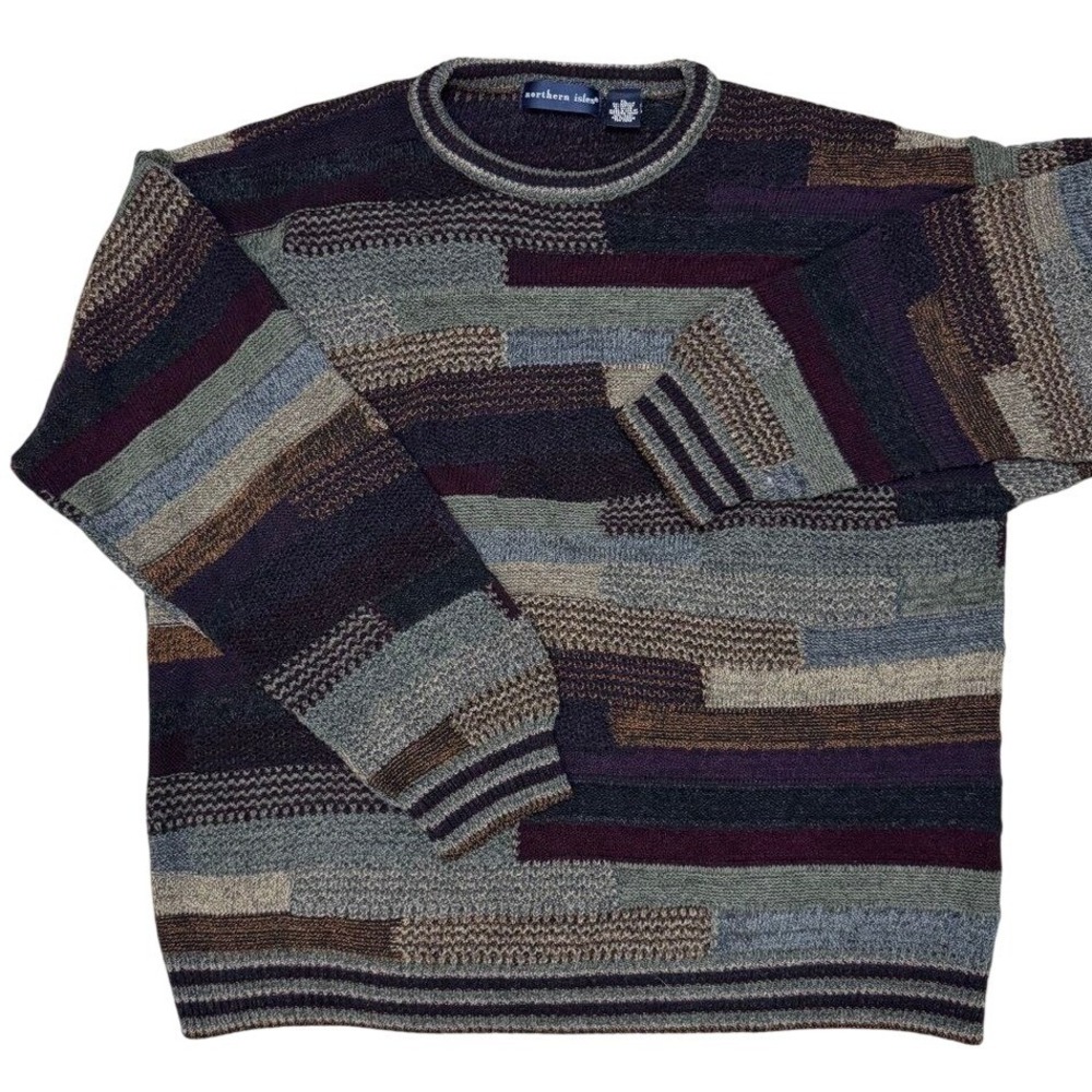 Northern Isles VTG Coogi Style Sweater Mens XL Patchwork Knit Crewneck Pullover‎